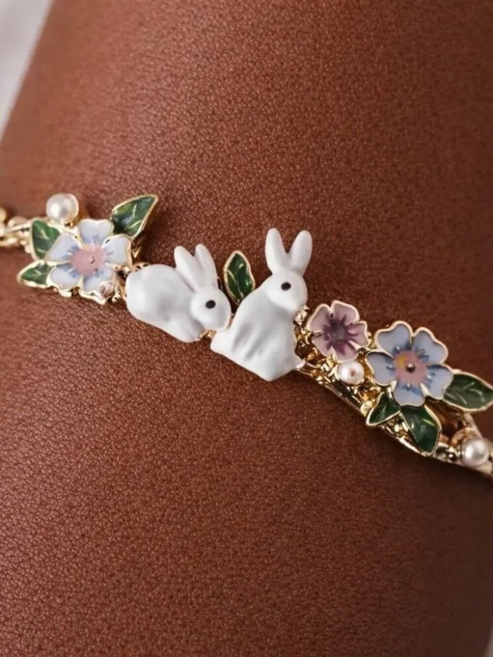 Bunny Flower Bracelet Petal Leaf Boho Chain VTG Rabbit Animal French Designer CZ